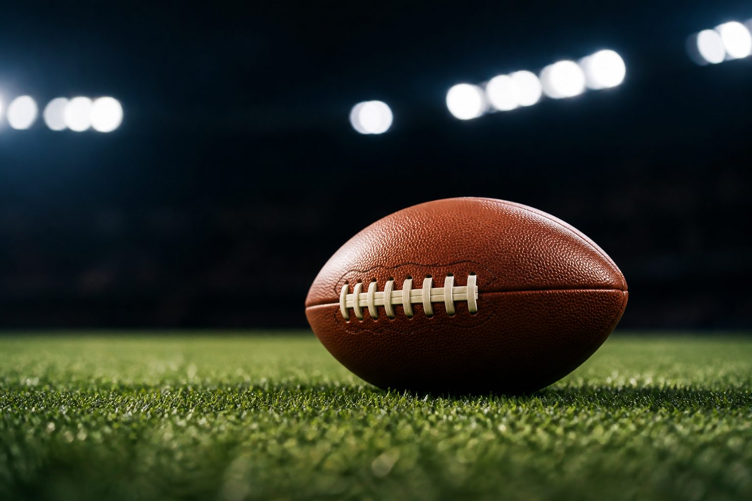 Football on turf under stadium lights